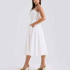 Auzaria - White Broderie Fit & Flare Lace Up Midi Dress - Model Mannequin