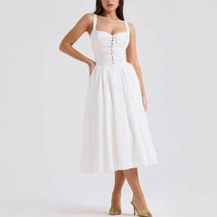 Auzaria - White Broderie Fit & Flare Lace Up Midi Dress - Model Mannequin