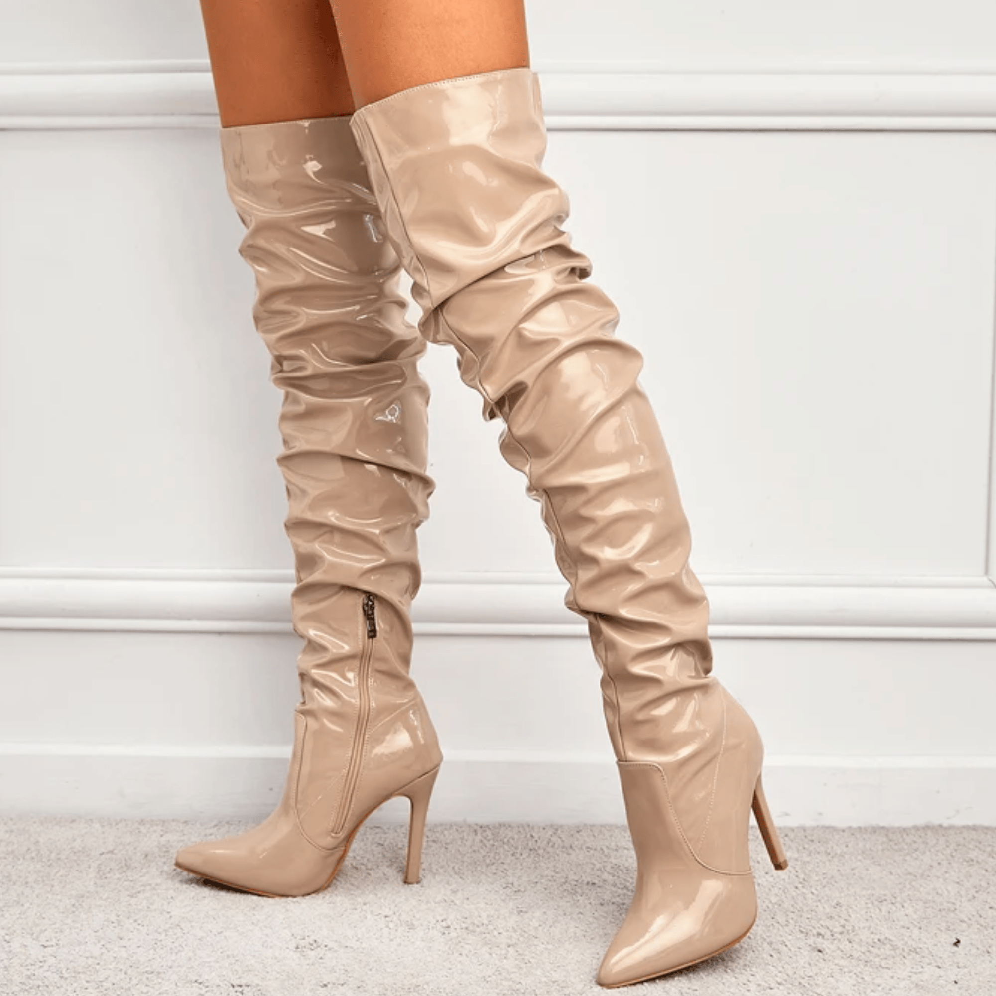 Beige Patent Leather Over The Knee Boots - Model Mannequin