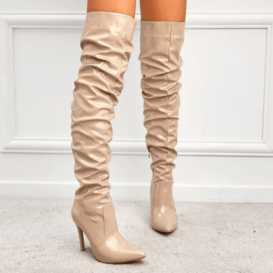 Beige Patent Leather Over The Knee Boots - Model Mannequin