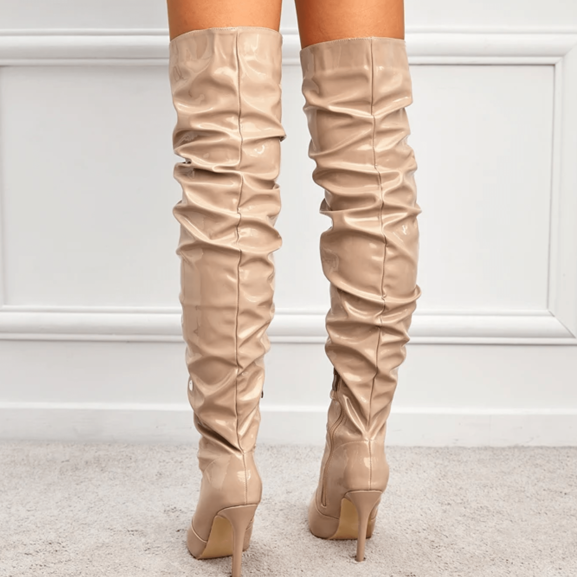 Beige Patent Leather Over The Knee Boots - Model Mannequin