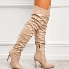 Beige Patent Leather Over The Knee Boots - Model Mannequin