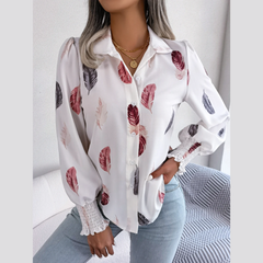 Brie - White Leaf Print Lantern Blouse