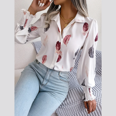 Brie - White Leaf Print Lantern Blouse