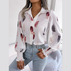 Brie - White Leaf Print Lantern Blouse