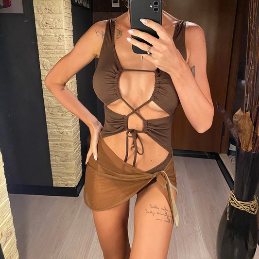 Brown Two Piece Lace Up Swimsuit Set