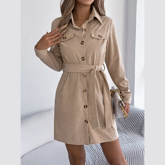 Capri - Beige Corduroy Mini Belted Shirt Dress