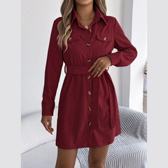 Capri - Burgundy Corduroy Mini Belted Shirt Dress