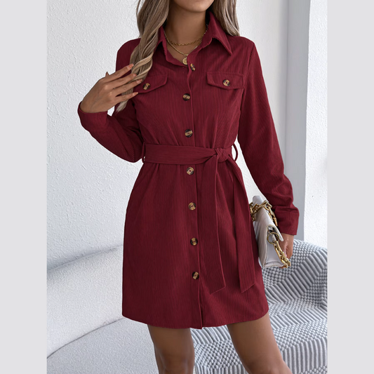 Capri - Burgundy Corduroy Mini Belted Shirt Dress