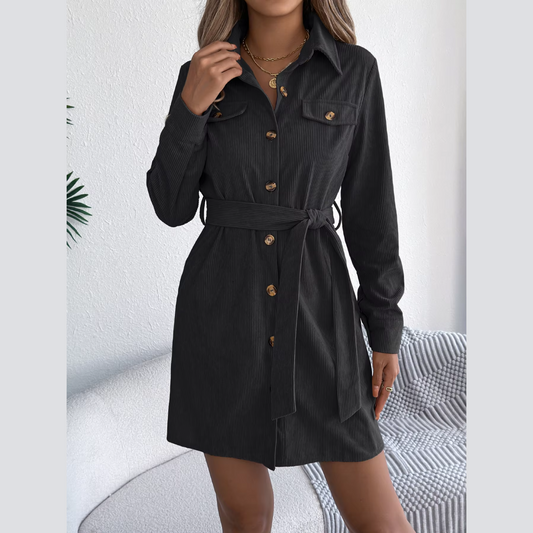 Capri - Black Corduroy Mini Belted Shirt Dress