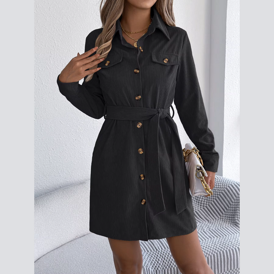 Capri - Black Corduroy Mini Belted Shirt Dress