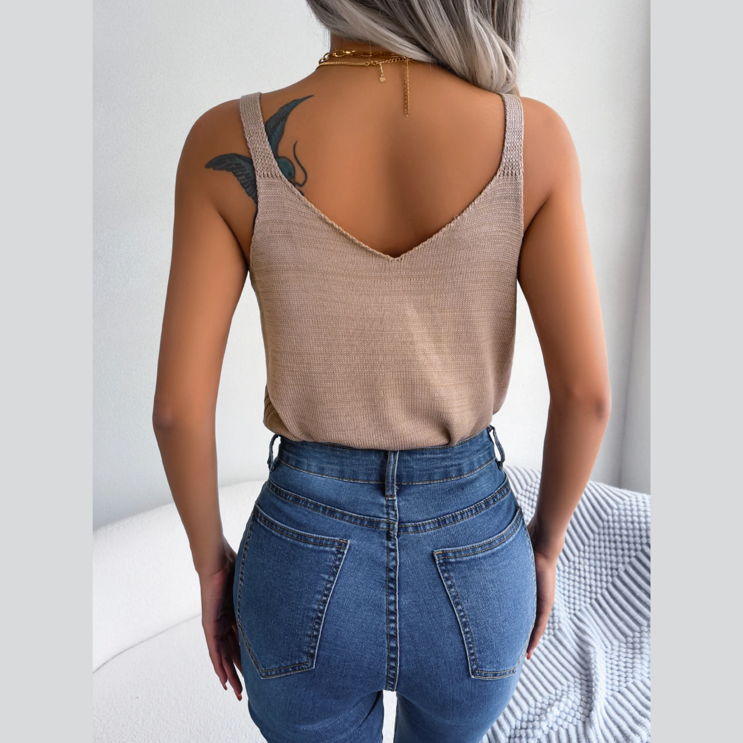 Cindy - Beige Knitted Scoop Neck Tank Top
