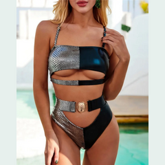 Corinna - Silver & Black Bandeau High Waist Bikini Set