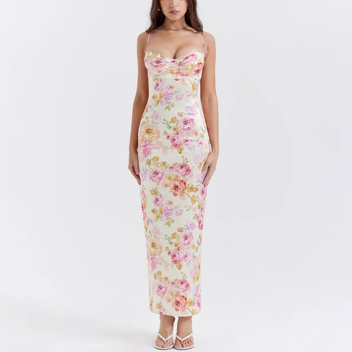 Corinne - Floral Print Spaghetti Strap Maxi Bodycon Dress