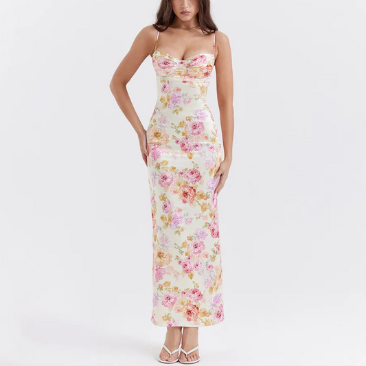 Corinne - Floral Print Spaghetti Strap Maxi Bodycon Dress