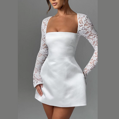 Daphne - White A-Line Satin Dress With Lace Sleeves