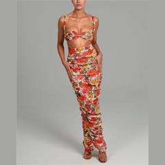 Flavia - Orange Floral Print Crop Top And Ruched Maxi Skirt Set