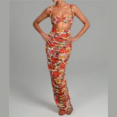 Flavia - Orange Floral Print Crop Top And Ruched Maxi Skirt Set