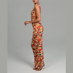 Flavia - Orange Floral Print Crop Top And Ruched Maxi Skirt Set