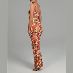 Flavia - Orange Floral Print Crop Top And Ruched Maxi Skirt Set