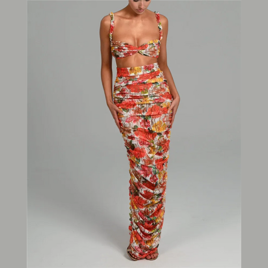 Flavia - Orange Floral Print Crop Top And Ruched Maxi Skirt Set