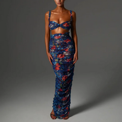 Flavia - Blue Floral Print Crop Top And Ruched Maxi Skirt Set