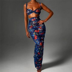 Flavia - Blue Floral Print Crop Top And Ruched Maxi Skirt Set