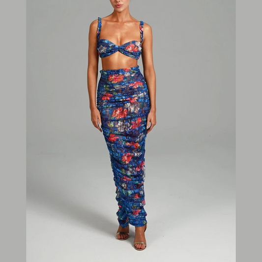 Flavia - Blue Floral Print Crop Top And Ruched Maxi Skirt Set