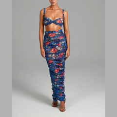 Flavia - Blue Floral Print Crop Top And Ruched Maxi Skirt Set