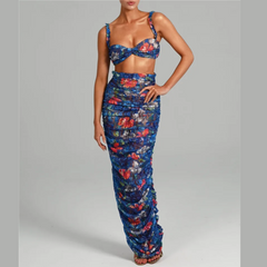 Flavia - Blue Floral Print Crop Top And Ruched Maxi Skirt Set