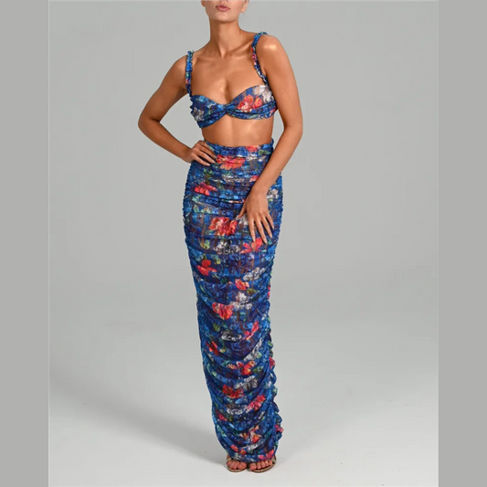 Flavia - Blue Floral Print Crop Top And Ruched Maxi Skirt Set