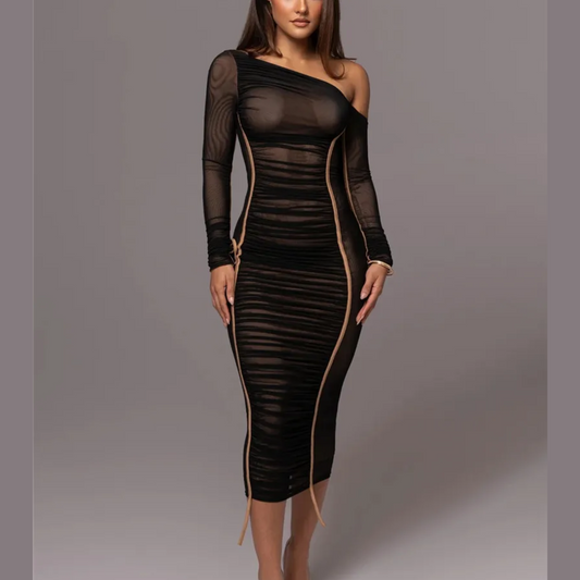 Gianna - Black One Shoulder Mesh Ruched Bodycon Dress