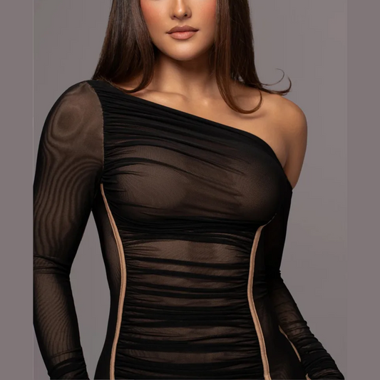 Gianna - Black One Shoulder Mesh Ruched Bodycon Dress