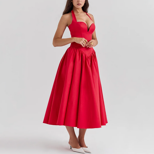 Giovanna - Red Fit and Flare Long Halter Dress