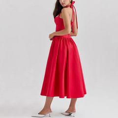 Giovanna - Red Fit and Flare Long Halter Dress