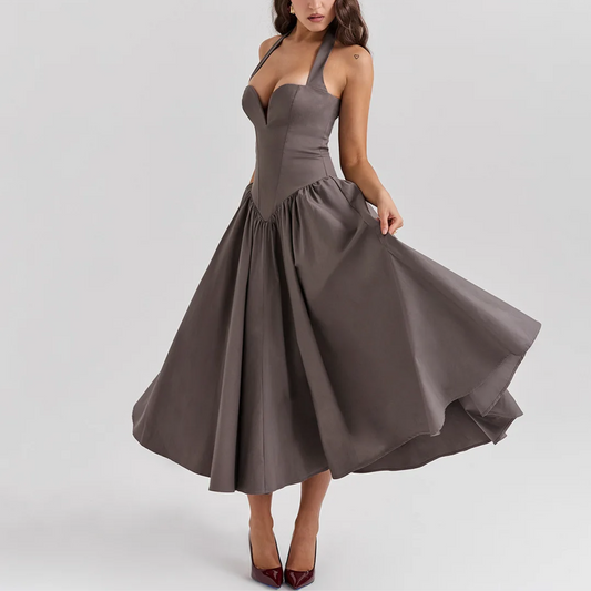 Giovanna - Gray Fit and Flare Long Halter Dress