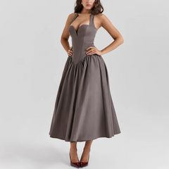 Giovanna - Gray Fit and Flare Long Halter Dress