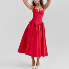 Giovanna - Red Fit and Flare Long Halter Dress