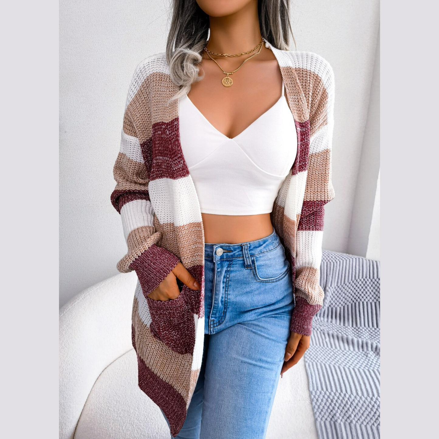 Emily - Burgundy & White Knitted Striped Open Cardigan