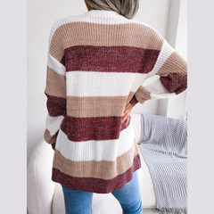 Emily - Burgundy & White  Knitted Striped Cardigan