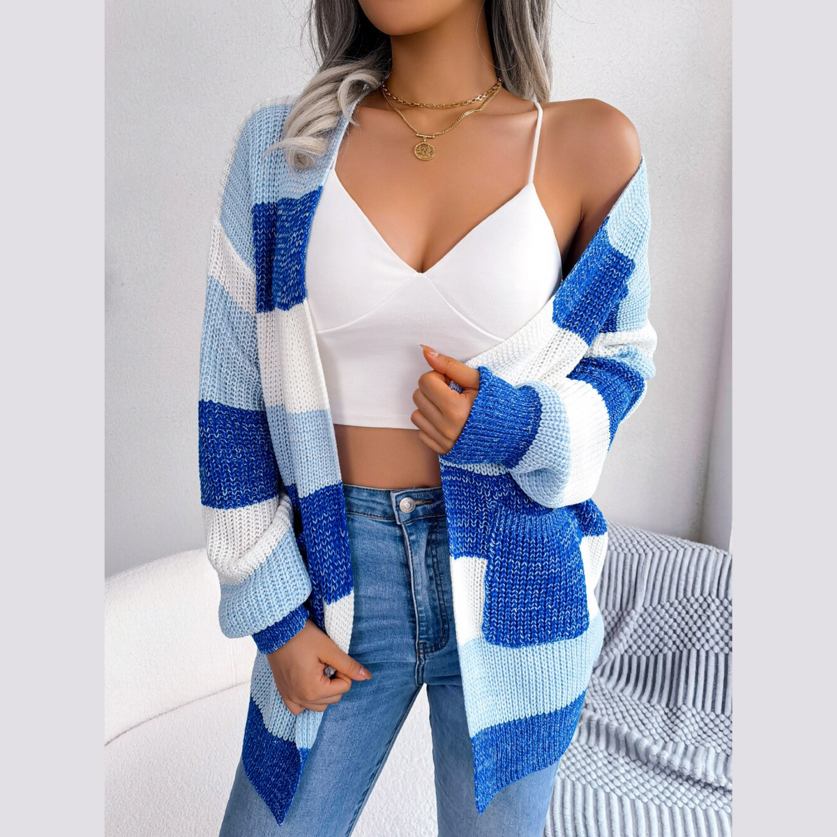 Emily - Blue & White  Knitted Striped Cardigan