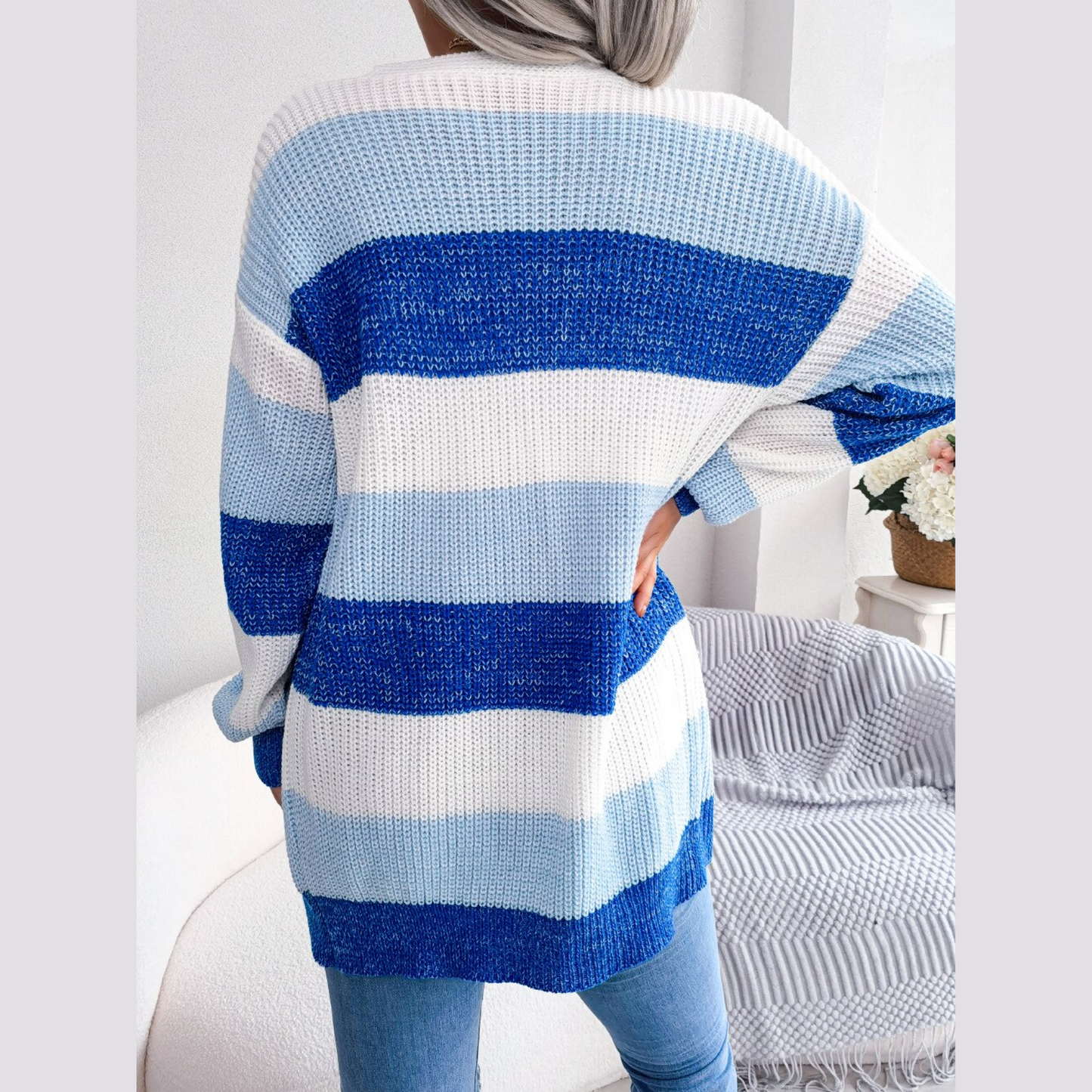 Emily - Blue & White Knitted Striped Open Cardigan