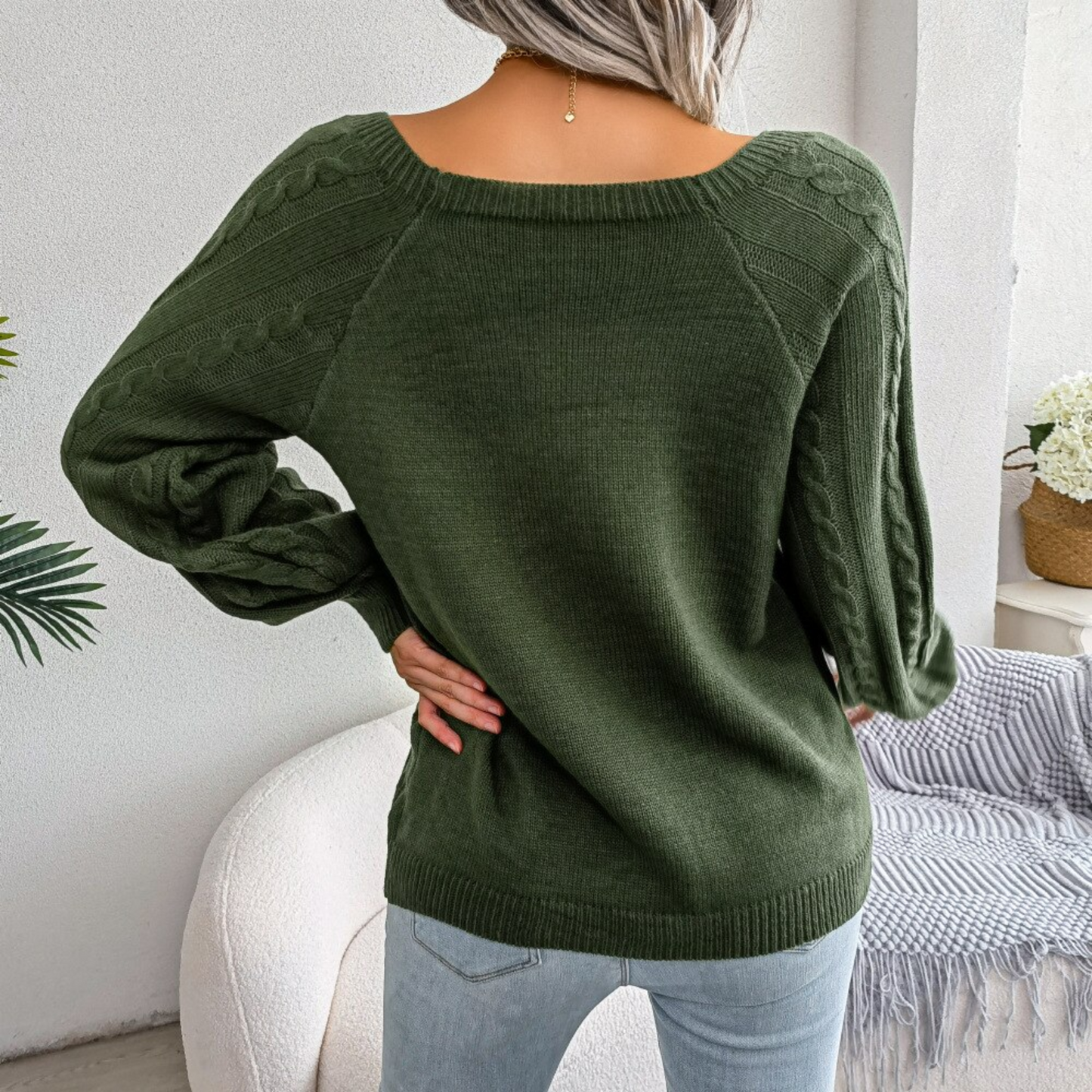 Sofia - Green Square Neck Pullover Sweater Top