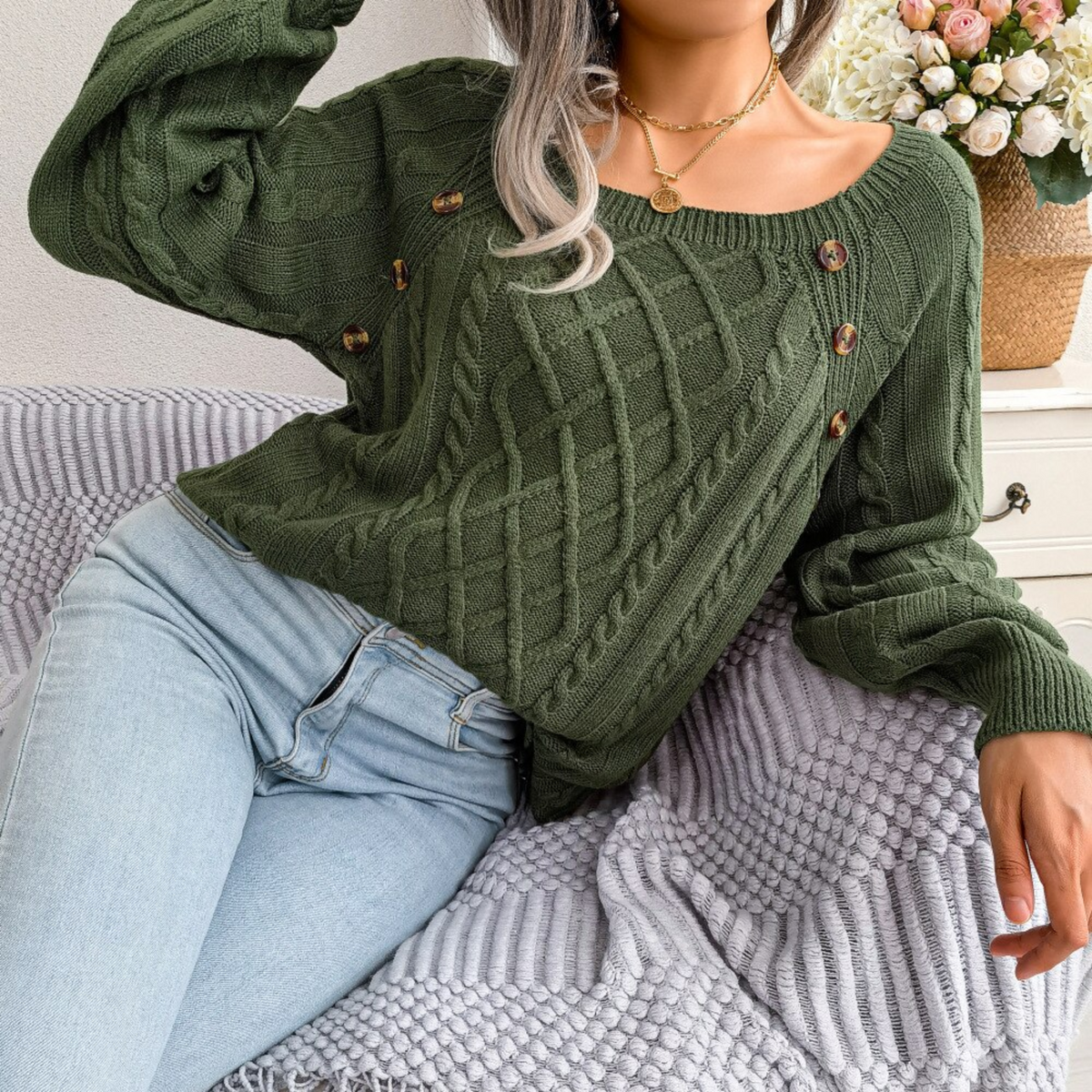 Sofia - Green Square Neck Pullover Sweater Top