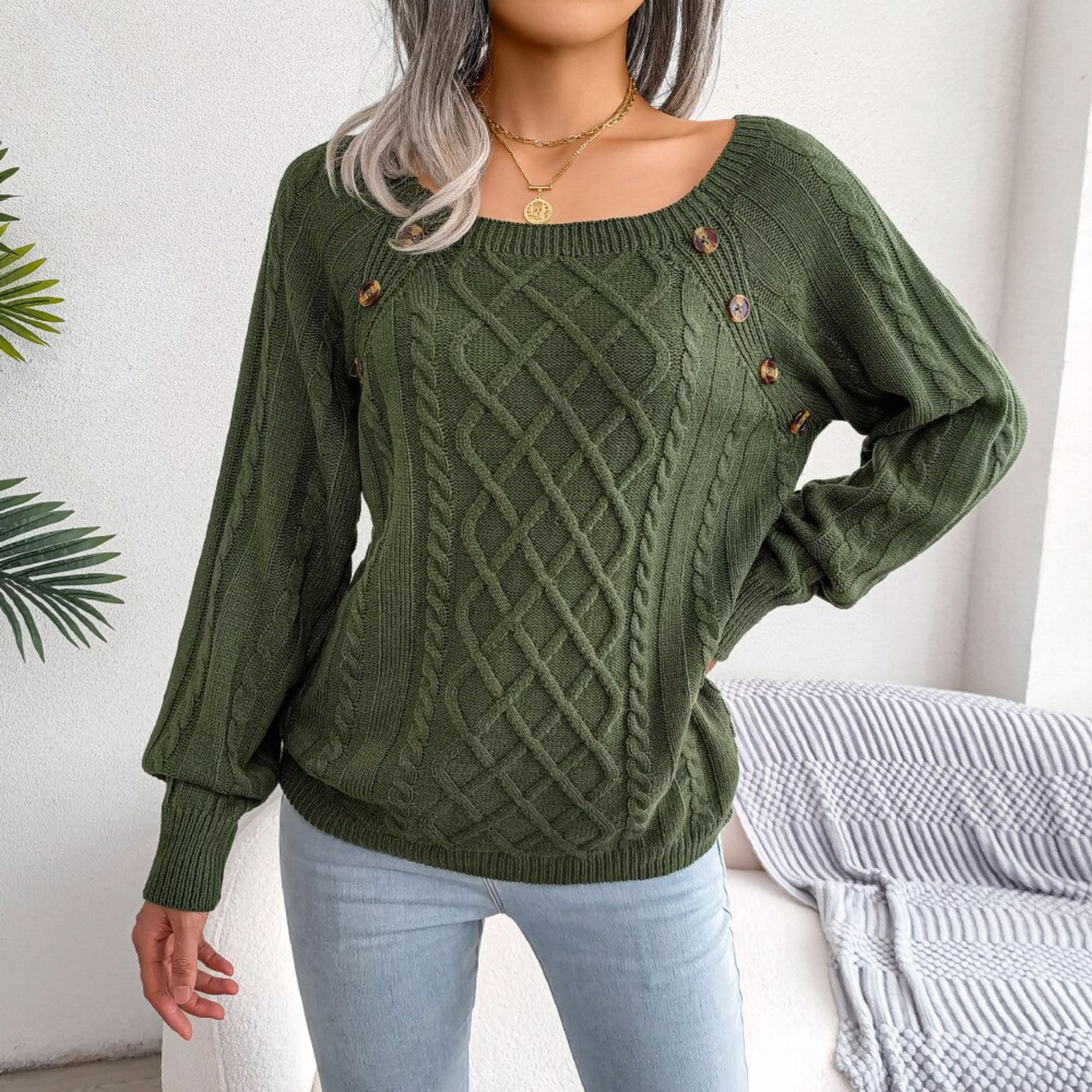 Sofia - Green Square Neck Pullover Sweater Top