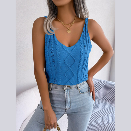 Althea - Blue Knit V-Neck Tank Top