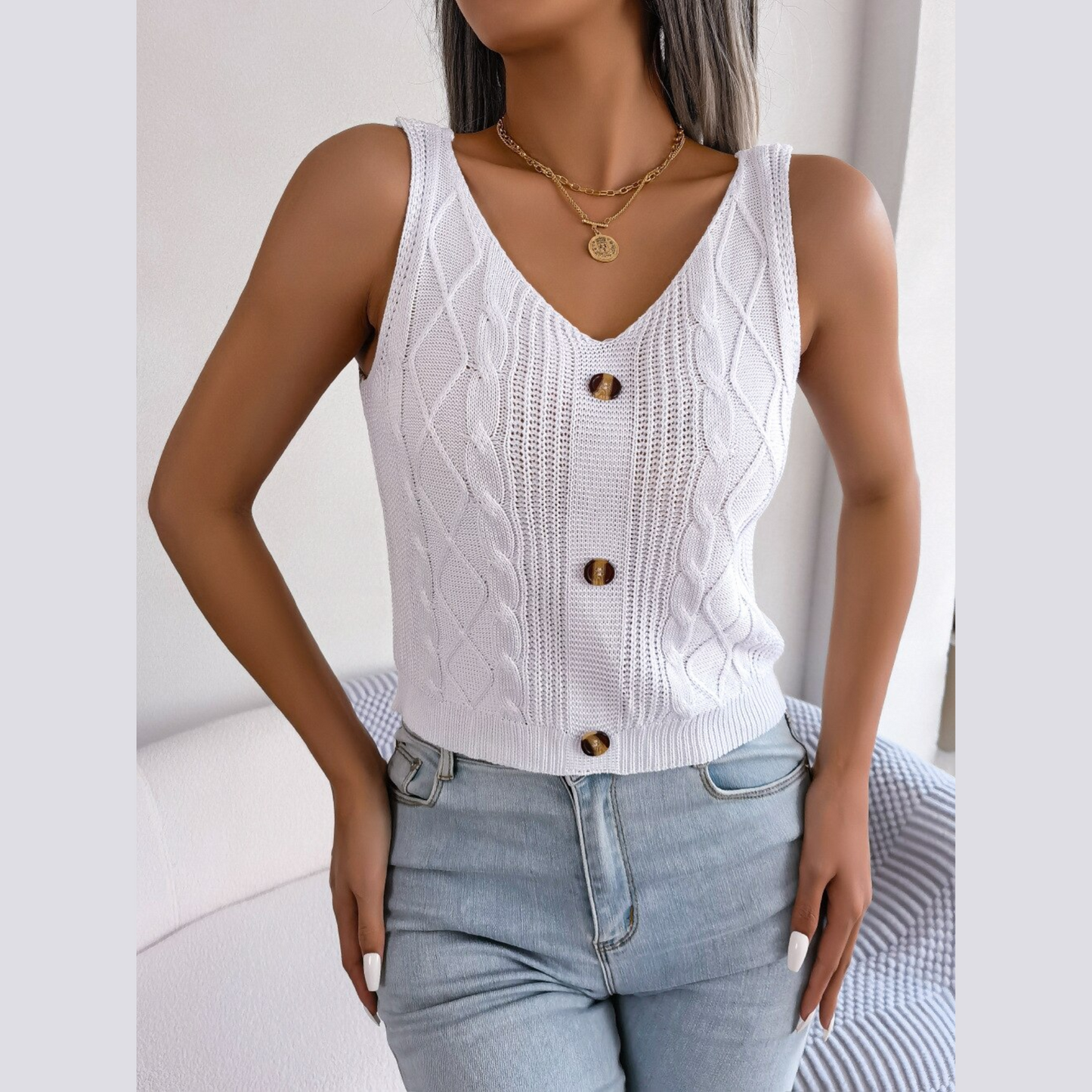 Nancy - White Knitted Braided Tank Top