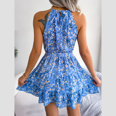 Crystal - Blue Floral Print A-Line Mini Dress