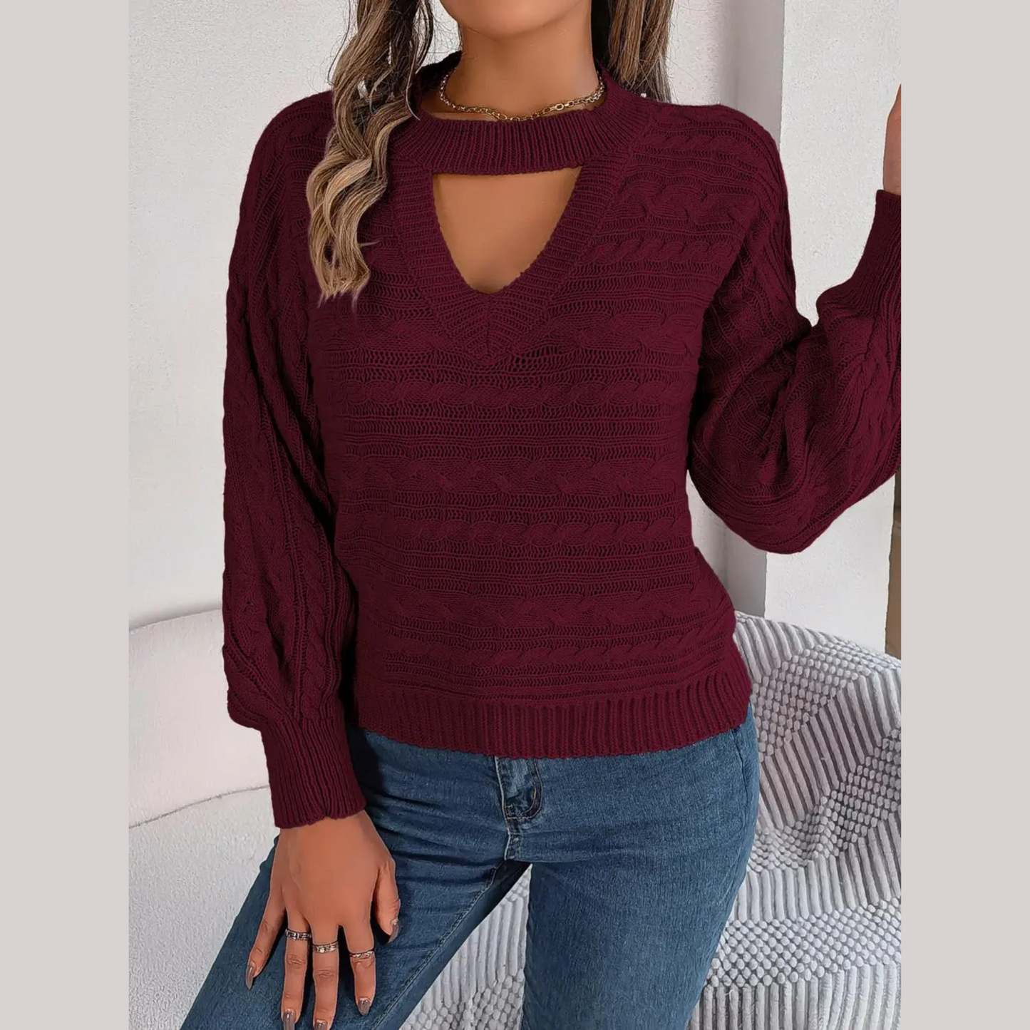 Tina - Burgundy Twist Knit Cutout Sweater Top