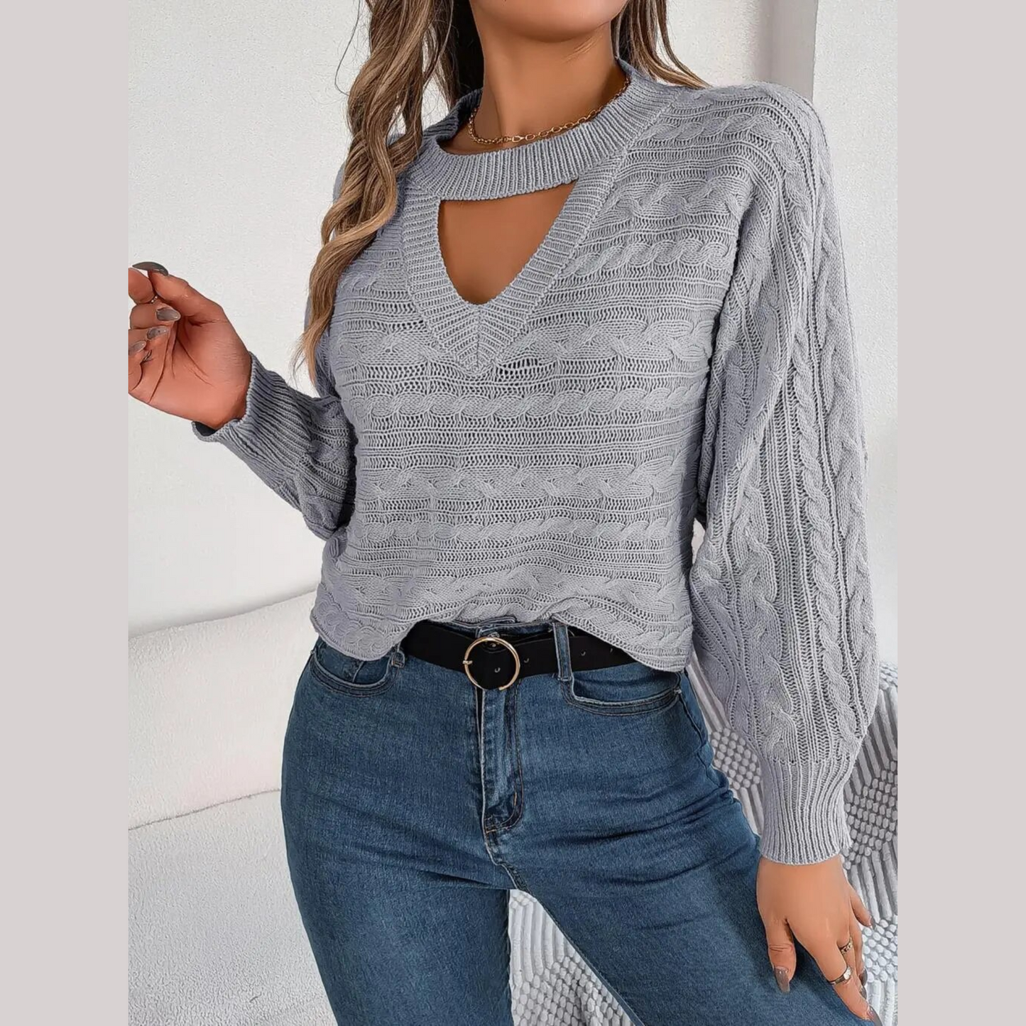 Tina - Gray Twist Knit Cutout Sweater Top